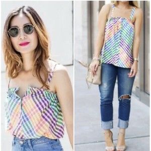 J Crew button front top rainbow gingham plaid ruffle tank camisole NWT